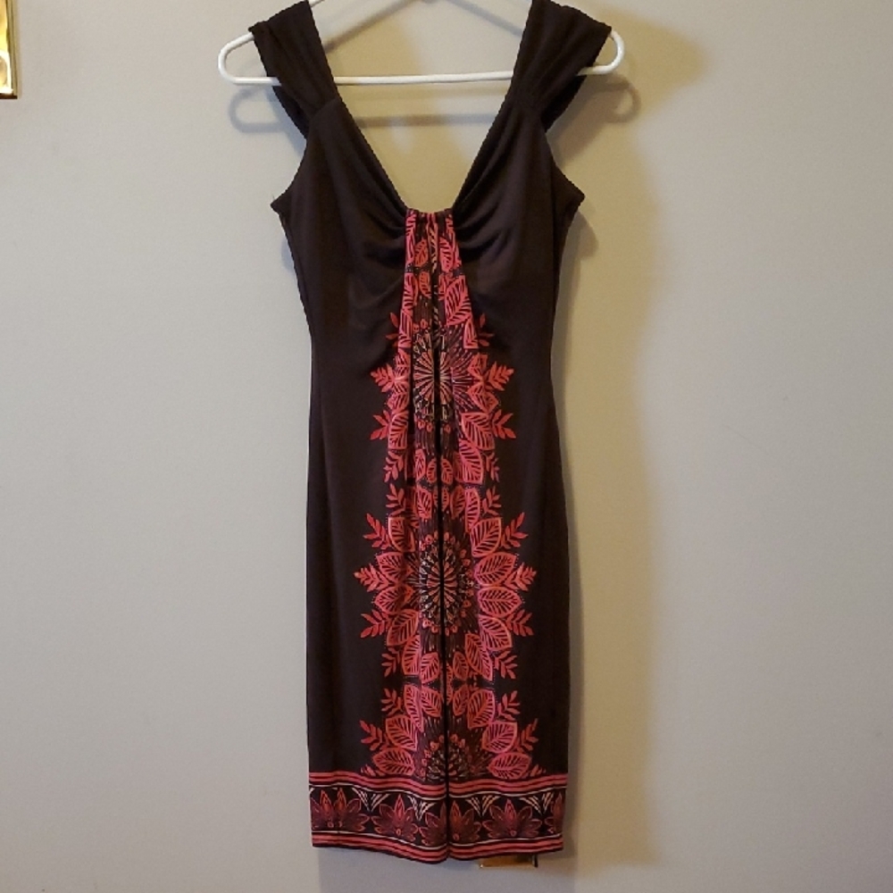 London Times Brown Dress with Red Floral Design